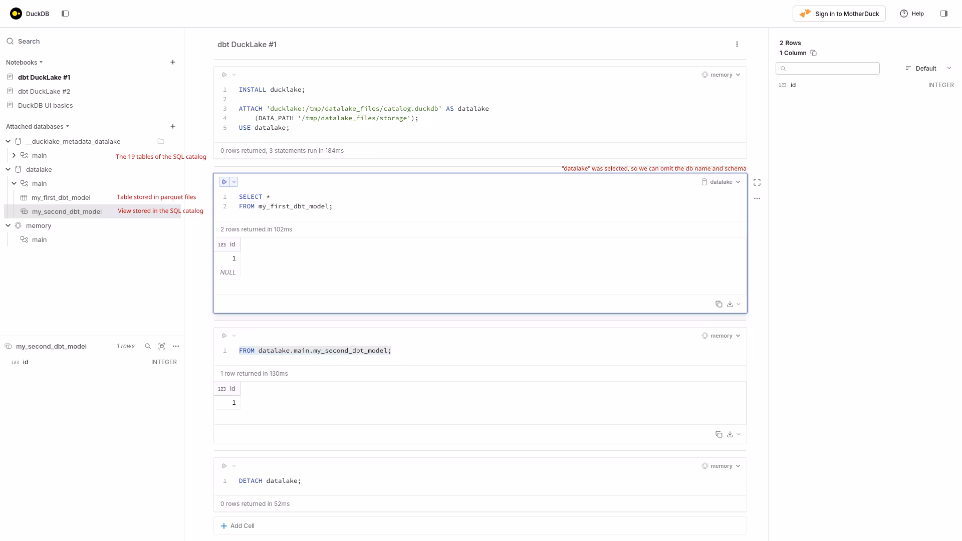 DuckDB UI showing the attached DuckLake
